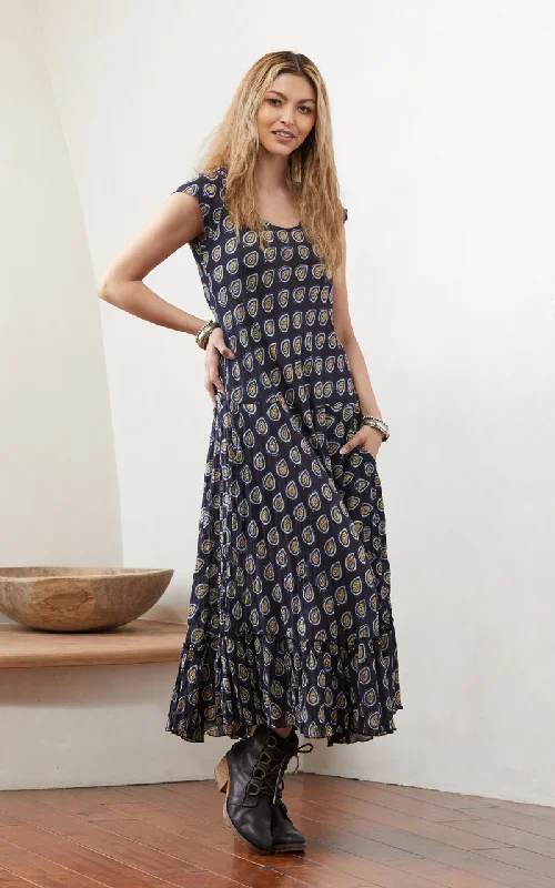 Sedona Dress, Long, Cap Sleeve, Raven Leaf