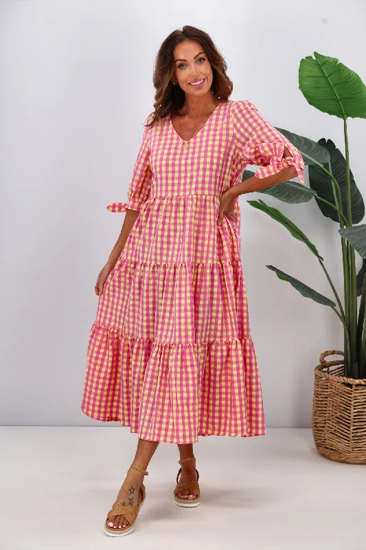 Silver Wishes Gingham Tier Midi Dress Hot Pink Yellow