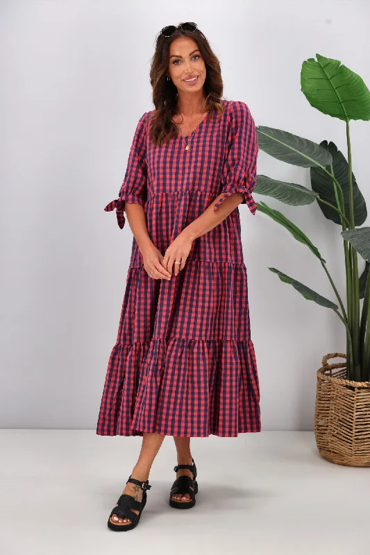 Silver Wishes Gingham Tier Midi Dress Navy Pink