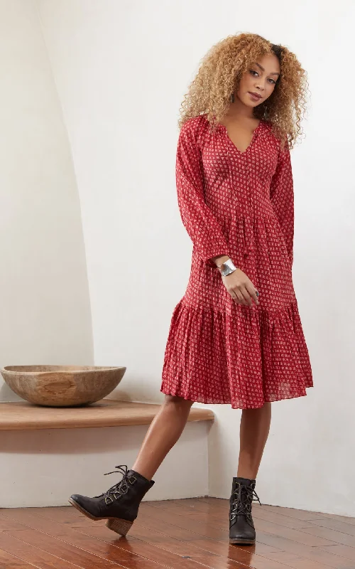 Solome Dress, Short, Long Sleeve, Scarlet Calico