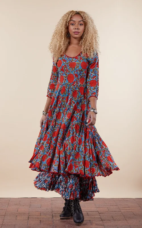 Santa Fe Dress, Long, 3/4 Sleeve, Turquoise & Orange Rose