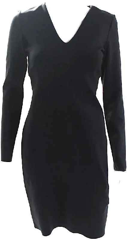 The Row NY. NEW W/TAGS. Black Elastic V-Neck Long Sleeve Bodycon Knee Length Dress