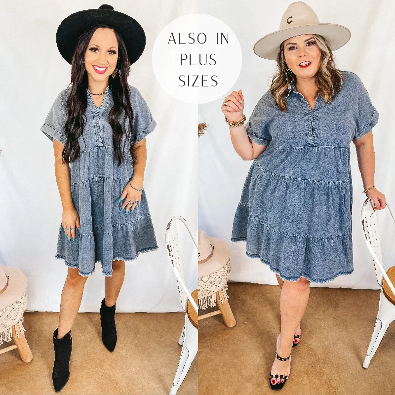 Wait List Tiered Denim Dress with Collared Neckline in Medium Wash