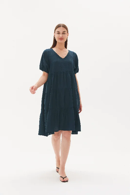 Tirelli Tiered Linen Dress Dark Ocean