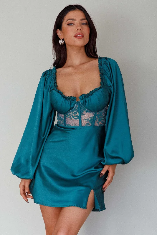 Trophy Long Sleeve Lace Bodice Mini Dress Forest Green