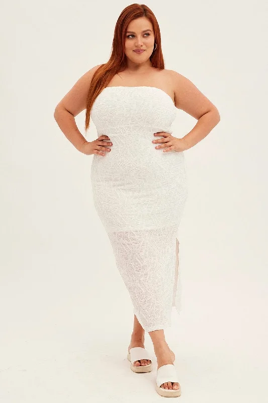 White Bodycon Dress Strapless Midi Textured