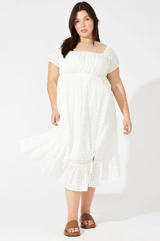 White Midi Dress Off Shoulder Check Split Front