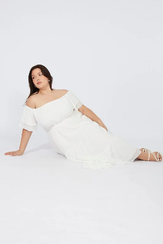 White Off Shoulder Layer Midi Dress