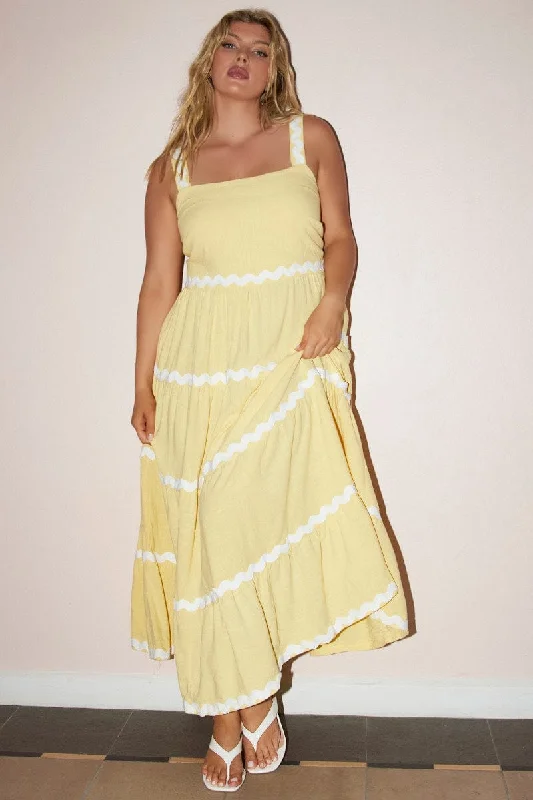 Yellow Midi Dress Sleeveless Ric Rac Tiered Linen Blend