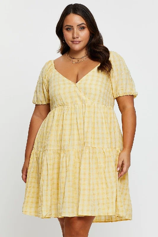 Yellow Smock Dress V-neck Short Sleeve Tie