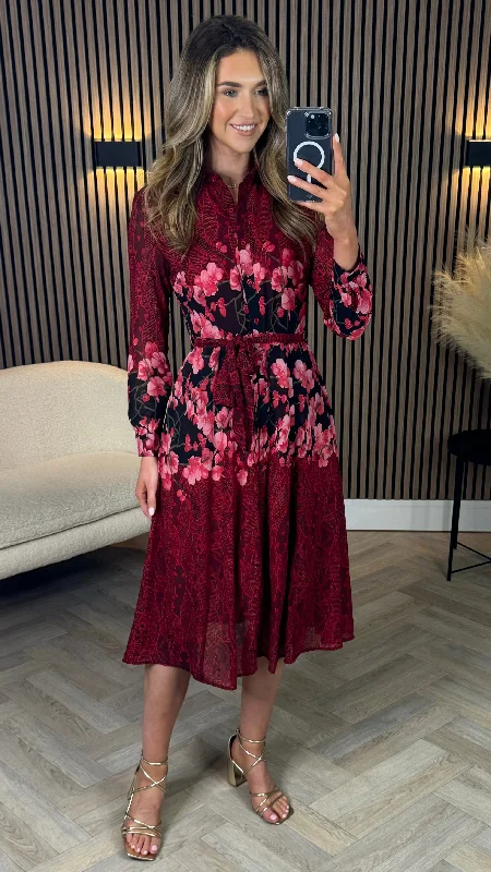 Aaliyah Red and Pink Floral Shirt Midi Dress