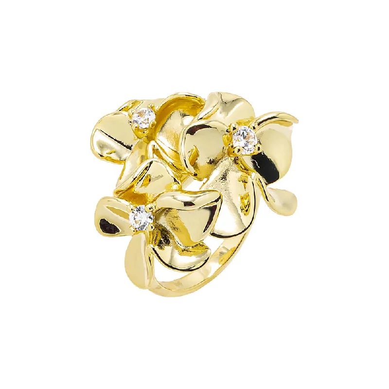 Multi Flower Fancy Ring | Clear CZ | 14K Gold Plated