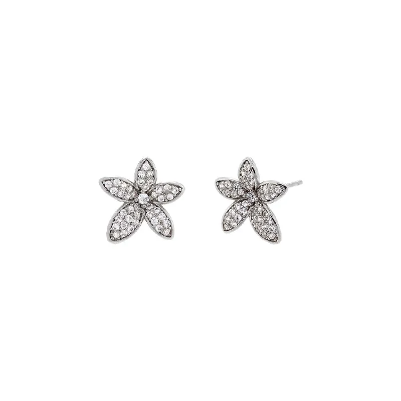 Pave Five Leaf Flower Stud Earring | Clear CZ | Sterling Silver