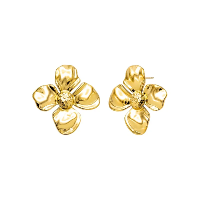 Solid Four Leaf Flower On The Ear Stud Earring | 18K Gold Plated