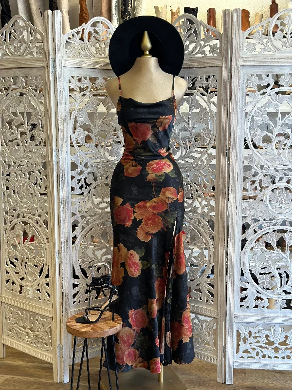 Black Floral Backless Maxi Dress- Not Stretchy