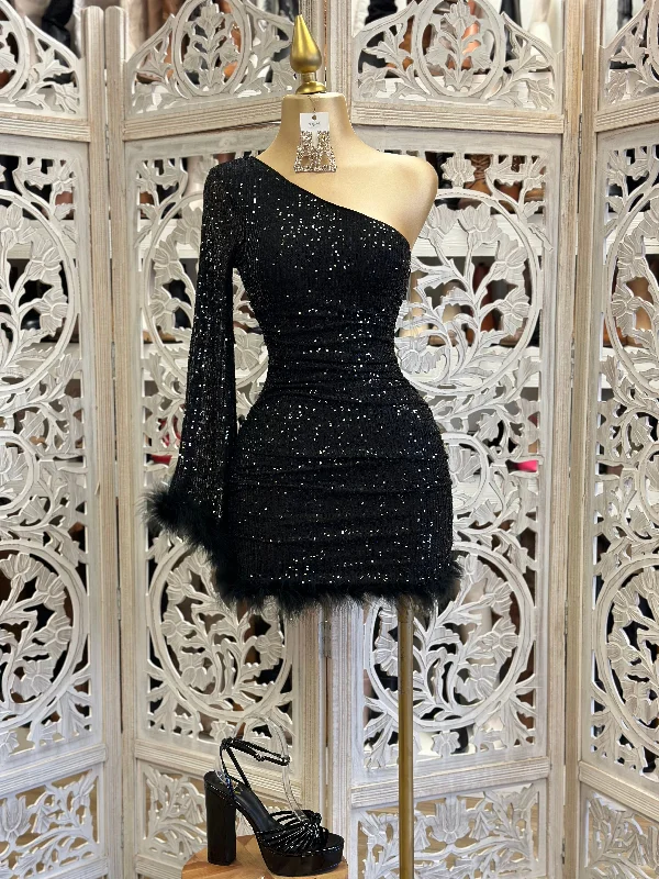 Black Sequin Feathered Dress