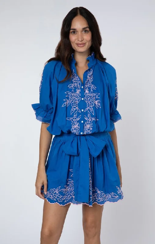 Blouson Dress W.Floral Embroidery Royal Blue/Candy