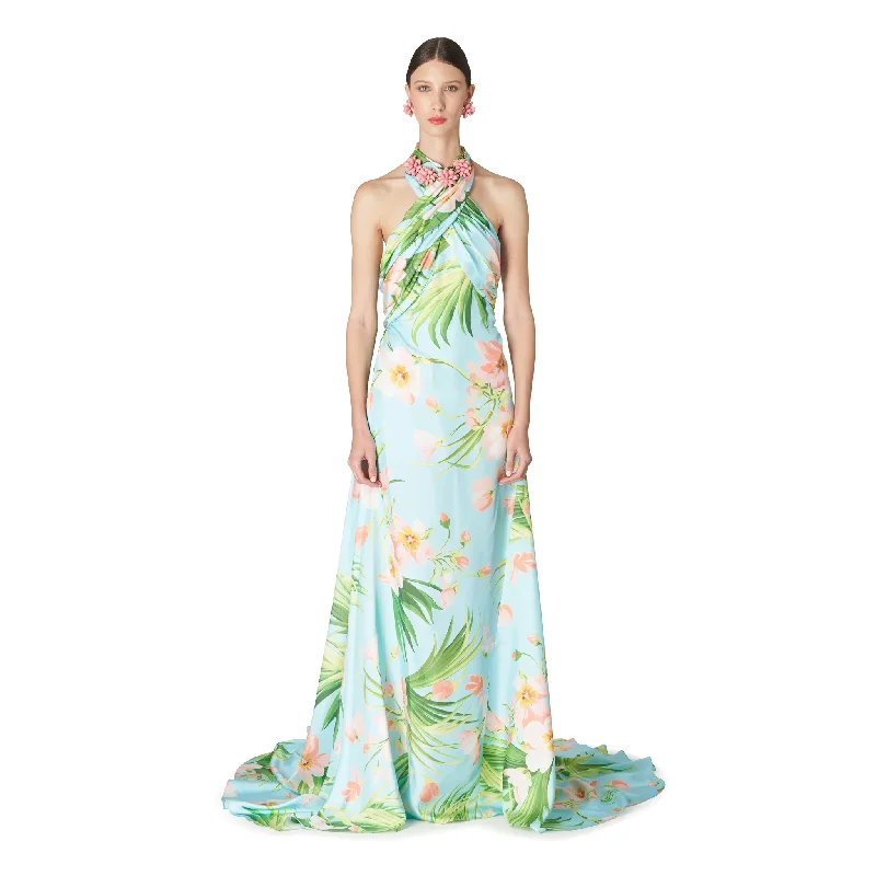 Gathered Halter Neck Gown | Aquamarine Multi