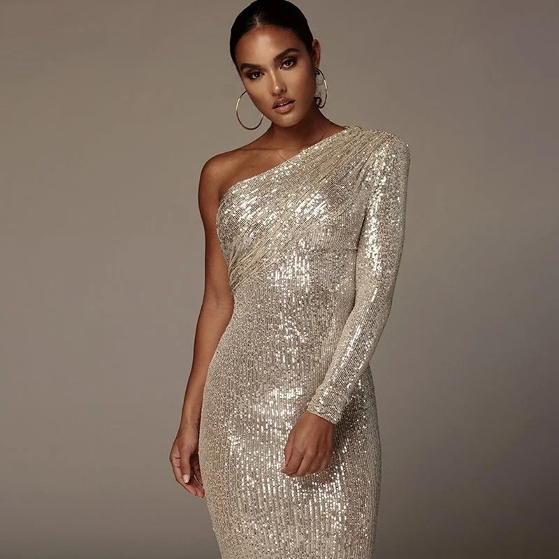 BerriesJam - Christmas One Shoulder Sparkle Glitzy Sequins Dress