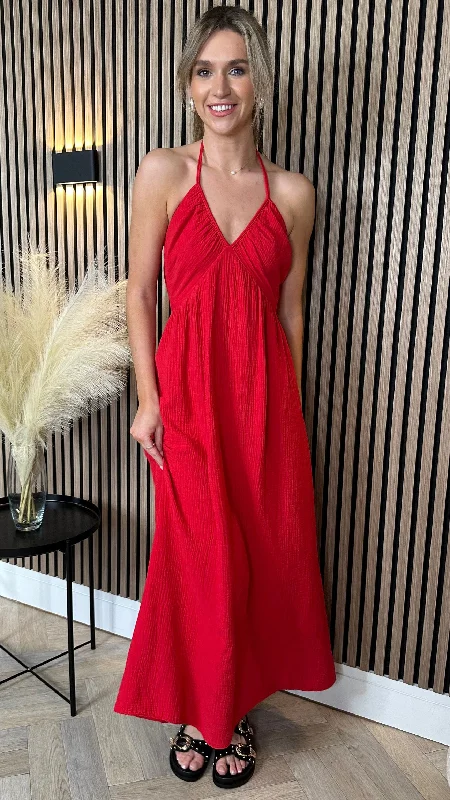 Cindy Red Halterneck Midi Dress