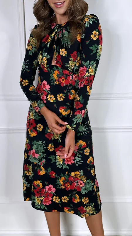 Coen Red & Green Floral Twist Front Midi Dress