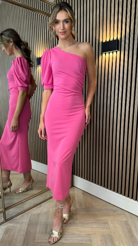 Cressida Pink One Shoulder Midi Dress