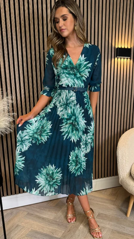 Daniela Navy & Green Multi Floral Printed Belted Midi Dress