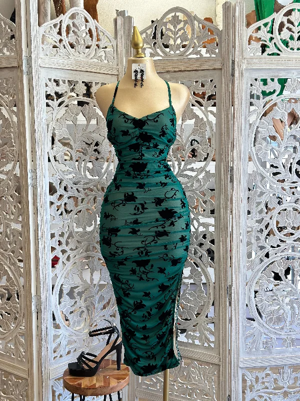 Emerald Velvet Floral Tie Back Dress