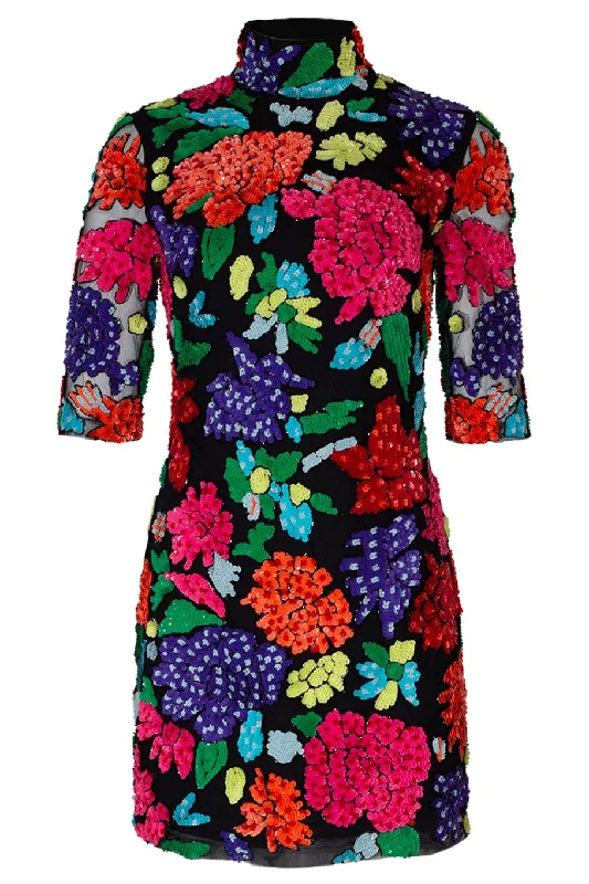 Floral Beaded Mock Neck Dress