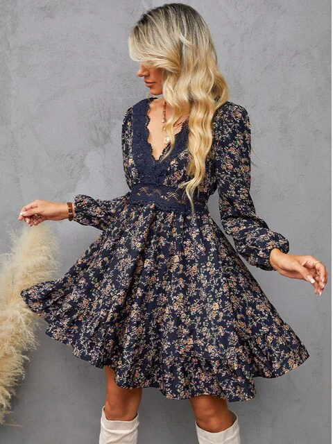 BerriesJam - Floral Lace Sexy V-neck Ruffled Long Sleeve Party Dress