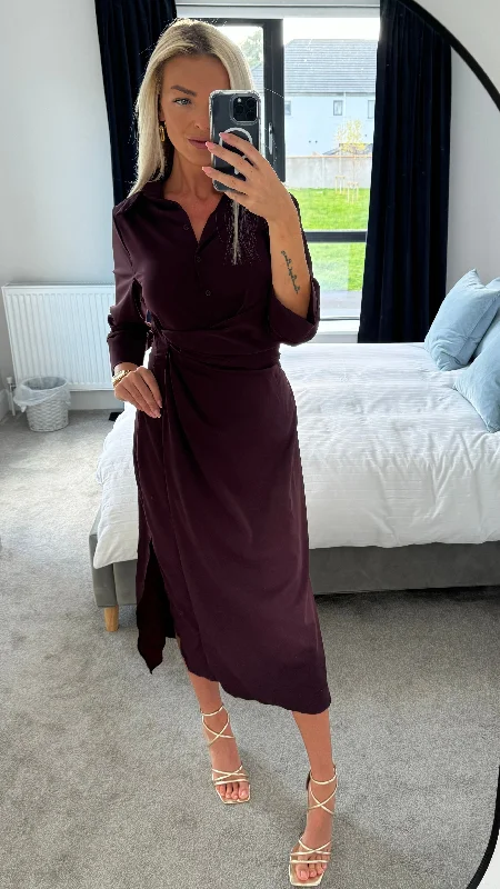 Harlyn Burgundy 3/4 Sleeve Gathered Waist Shirt Midi Dress