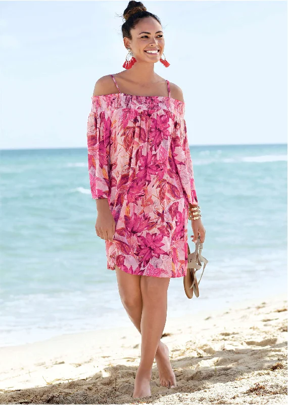 Floral Cold-Shoulder Dress - Pink Multi