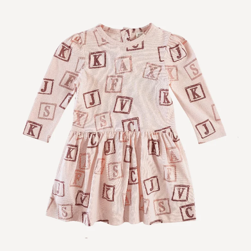 long puff sleeve drop waist dress | pink alphabet blocks | organic cotton jersey