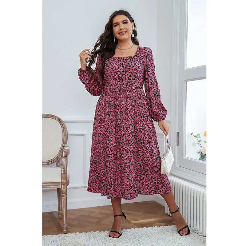 BerriesJam - Long Sleeve Floral Elegant Square Collar Maxi Party Dress