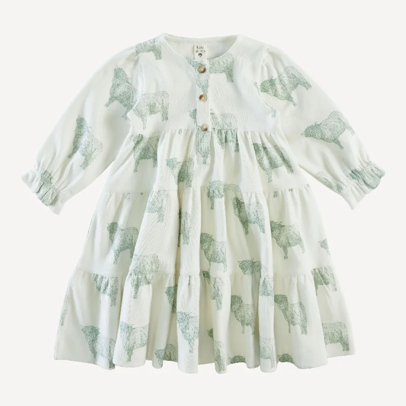 long sleeve prairie dress | jadeite highland cow | organic cotton interlock