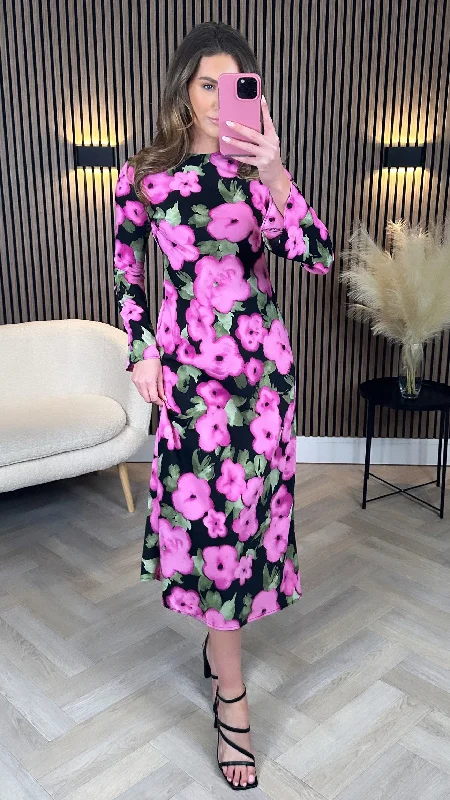 Lynneth Pink Floral Printed Midi Dress