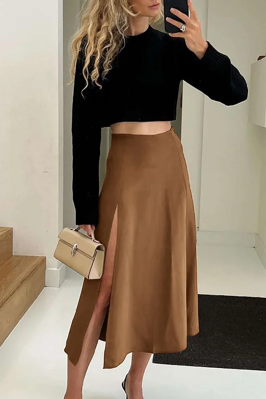 Solid A-line Split Stain Midi Skirt