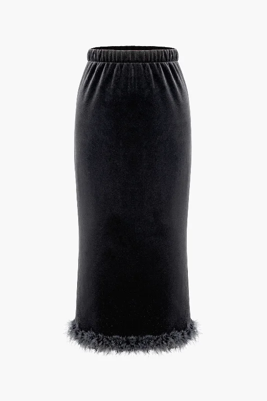 Vevlet Feather Hem Ruched Midi Skirt