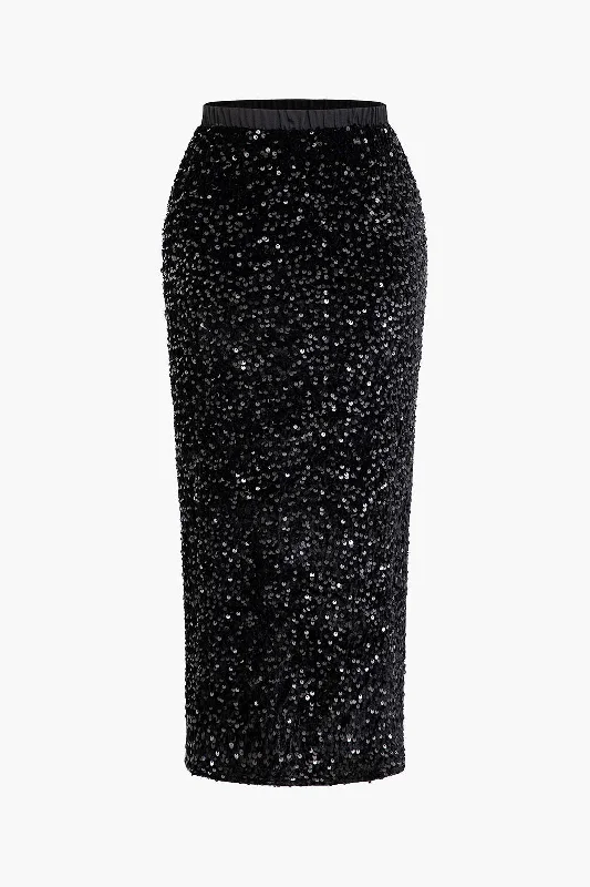 Sequin Elastic Waist Split Midi Skirt