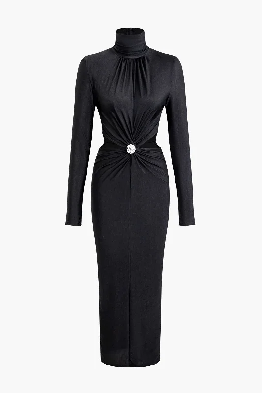 Rhinestone Twist Ruched Cut Out Turtleneck Long Sleeve Midi Dress