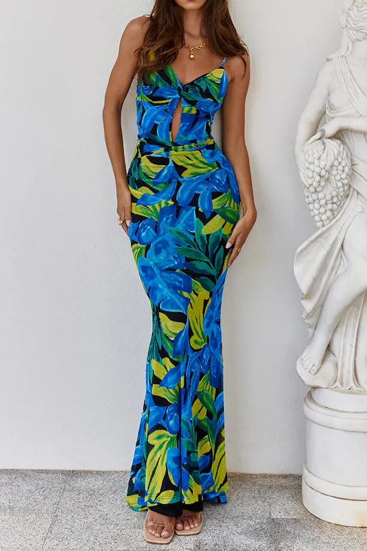 Tropical Leaf Print Mesh Twist Front Maxi Dress