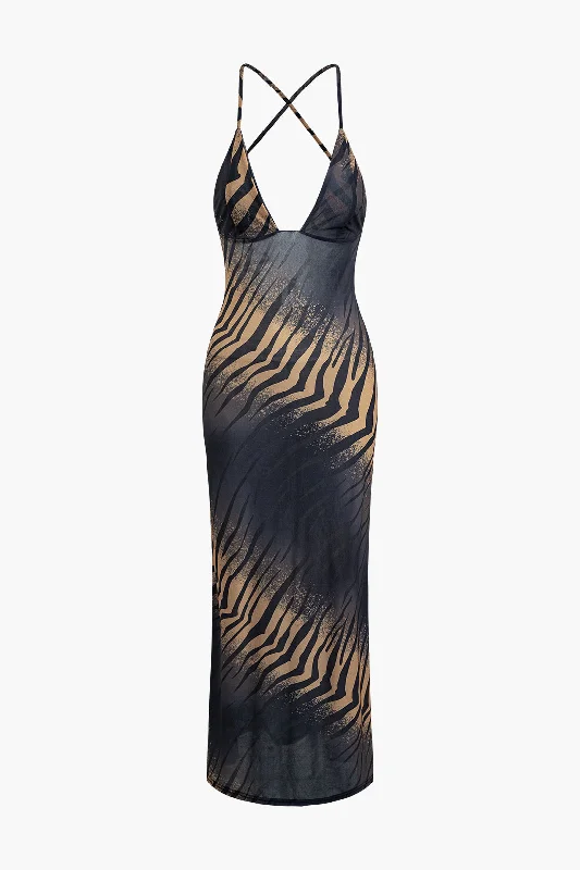 Tiger Print Tie Back Criss Cross V-neck Maxi Dress