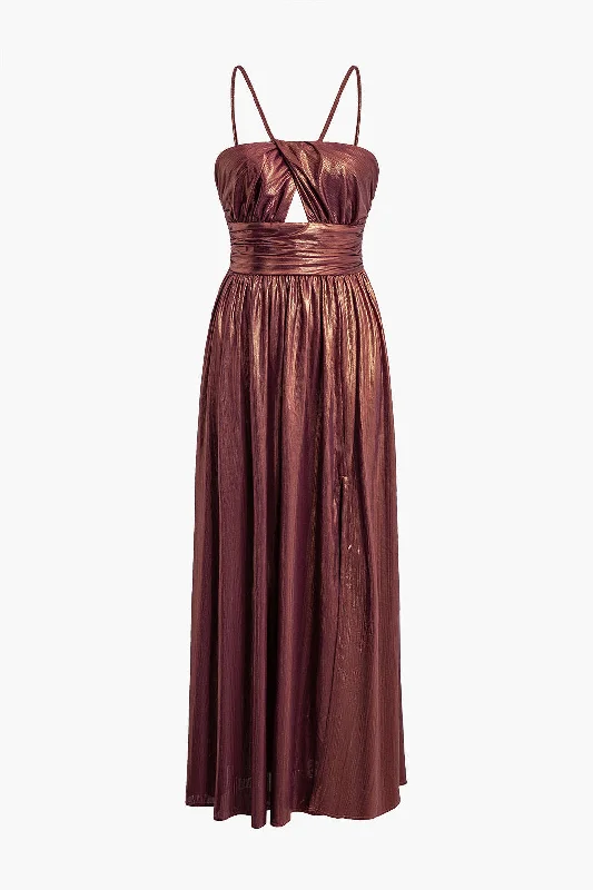 Pleated Cut Out Spaghetti Strap Slip Maxi Dress