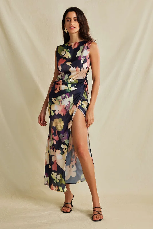 Floral Print Ruched Backless Sleeveless Slit Maxi Dress