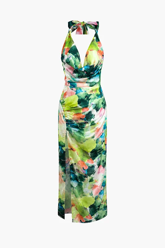 Floral Print Slit Cowl Neck Halter Backless Maxi Dress