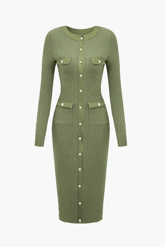 Button Up Flap Pocket Rib Knit Long Sleeve Midi Dress