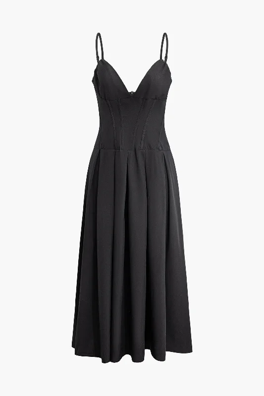 V-neck Slip Pleated Midi Dress