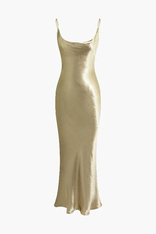 Metallic Backless Slip Mermaid Cowl Neck Maxi Dress