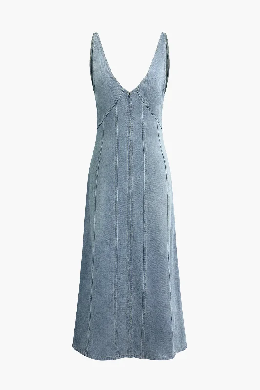 Denim V-neck Sleeveless Maxi Dress