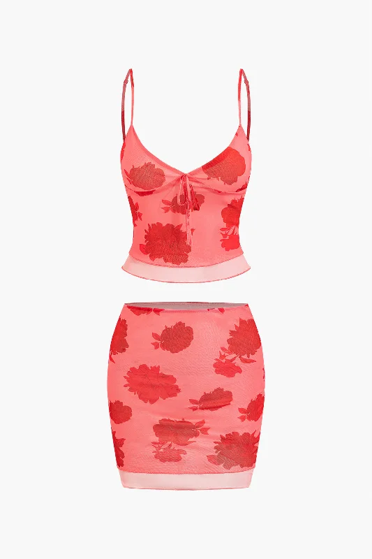 Floral Print Mesh Cami Top And Skirt Sets